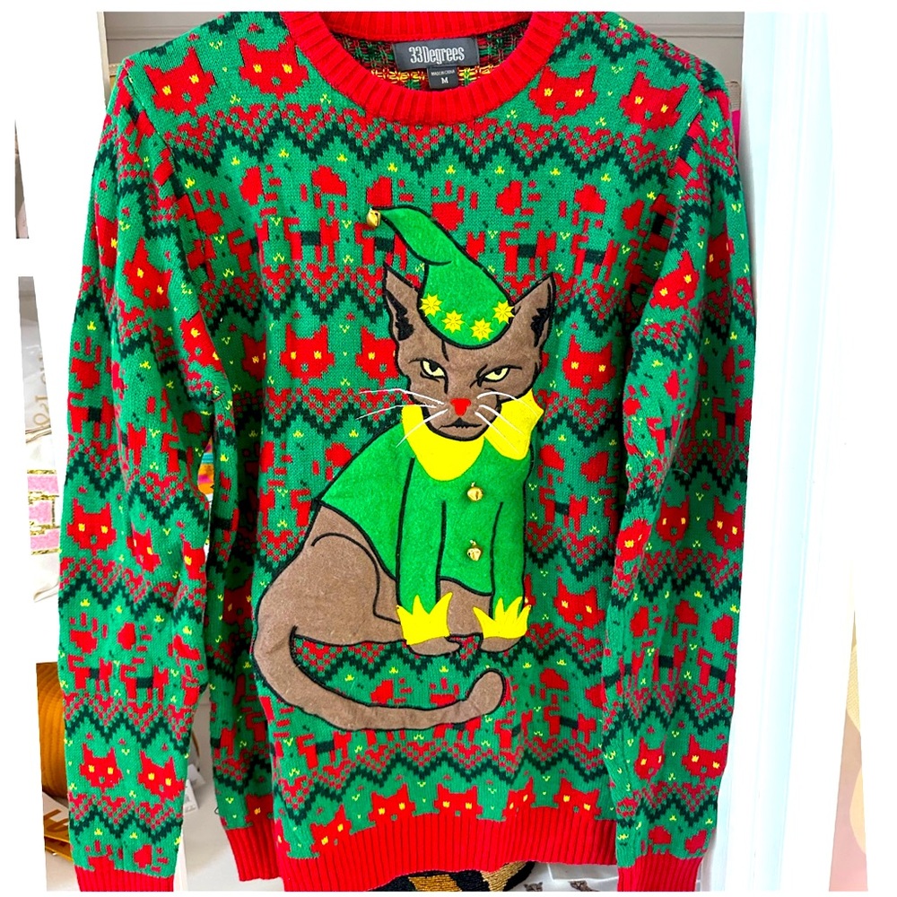 33 Degrees Cat Sweater Ugly Christmas Holiday Party MEDIUM